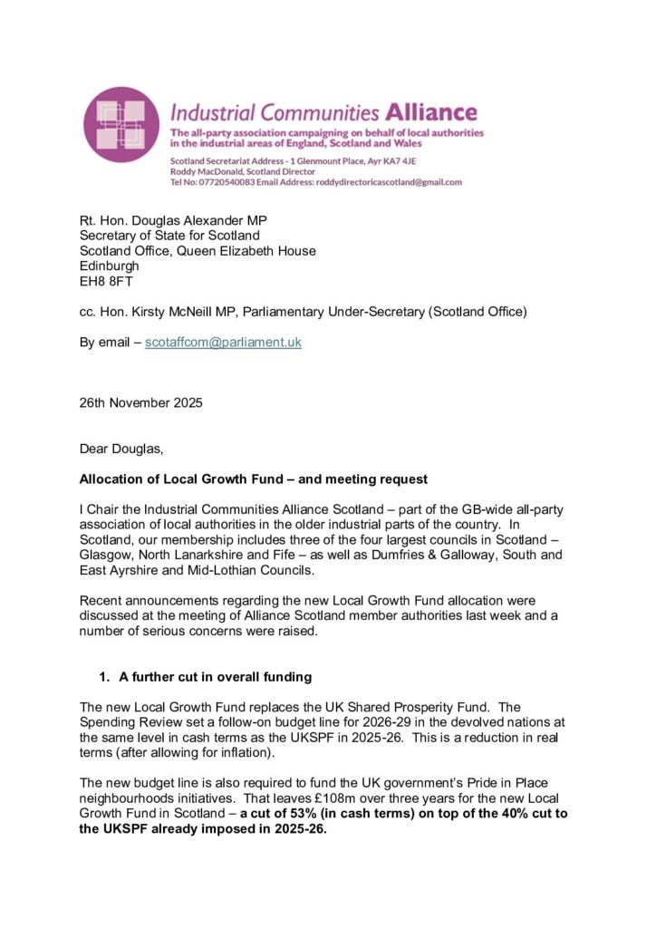 Letter from Cllr. Altany Craik (Industrial Communities Alliance Scotland) to Rt. Hon. Douglas Alexander MP (Scotland Office) regarding the new Local Growth Fund in Scotland